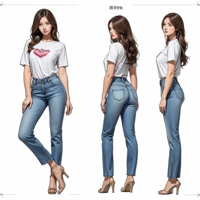 Detailed character sheet, Front view, Side view, Diagonal view, with a white returnground, show women, 30 years old, with short dark brown hair combed return, Wearing light casual clothing, Wearing tight denim jeans. The seat includes different angles, Front etc., return, and Side views, Model sheets and reference sheets, Full-body painting. Proportions are based on a 7.5 head scale.