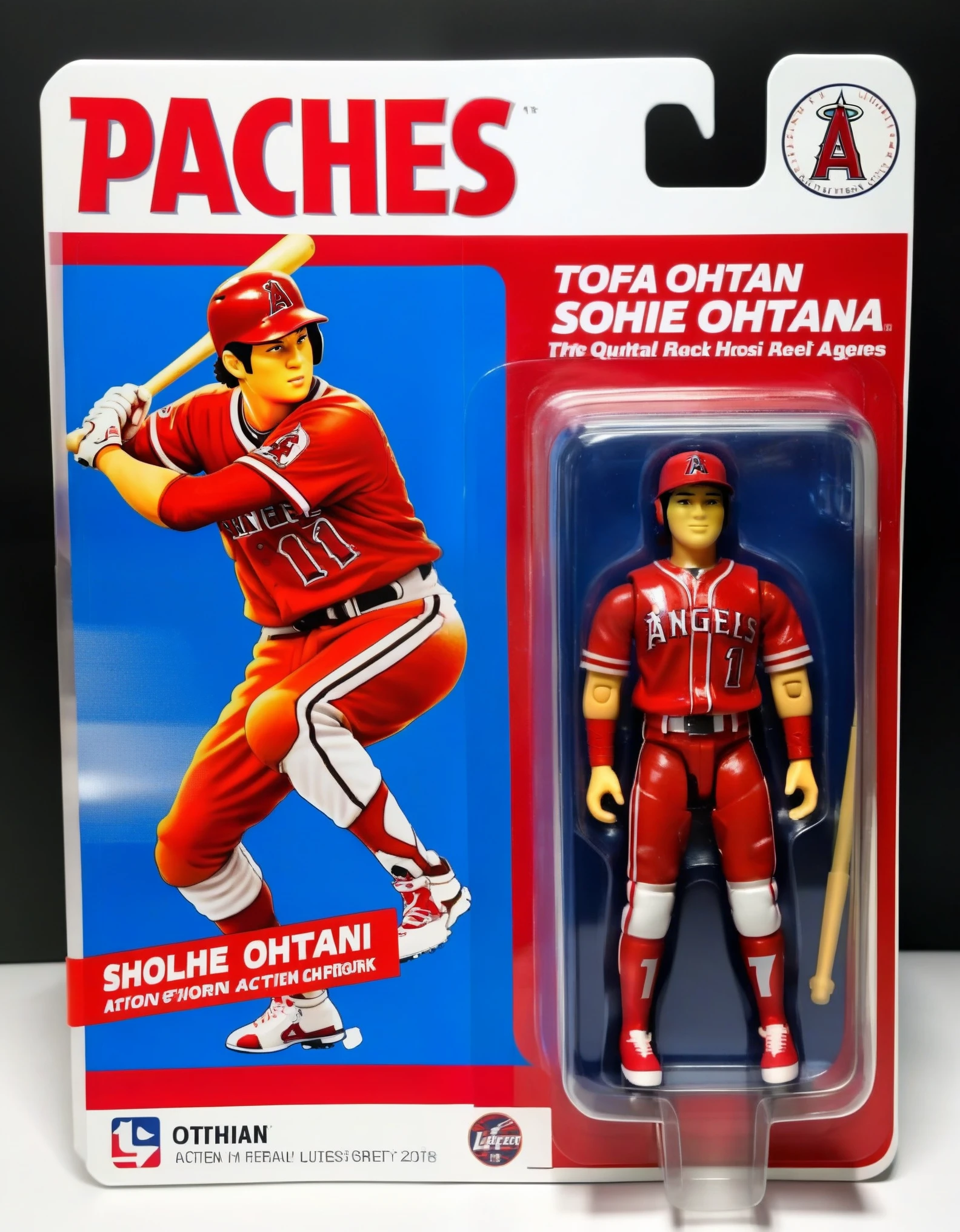 An action figure of Shohei Ohtani in a plastic box, resembling a photograph. The figure is in a batting pose, wearing his Los Angeles Angels uniform. The packaging displays Shohei Ohtani's dynamic in-game moments and his signature batting stance,