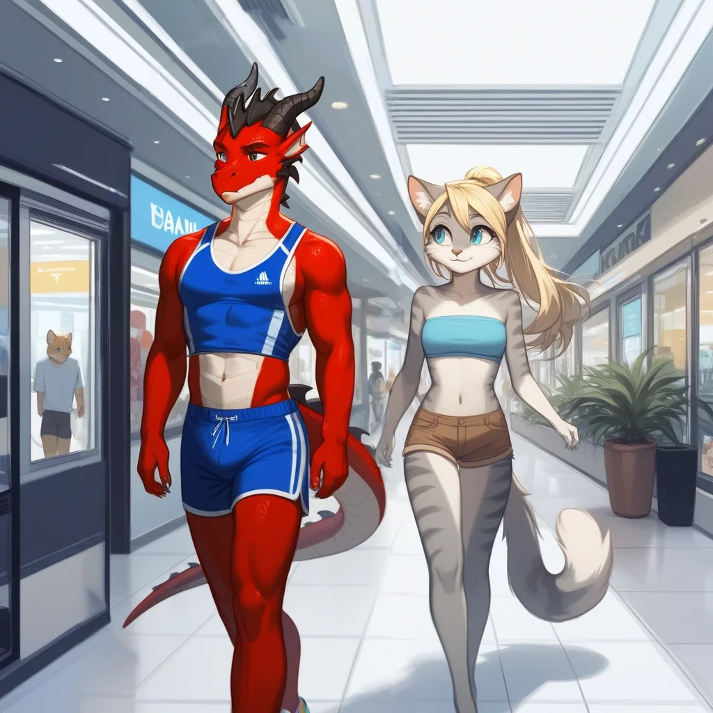 Score_9, score_8_up, an anthro dragon male, tall, athletic body, black dragon male, (black scaley body):1.3, red eyes, he is wearing a blue sports jersey and shorts with white sneakers, walking in a strip mall, looking to his left at other character, 