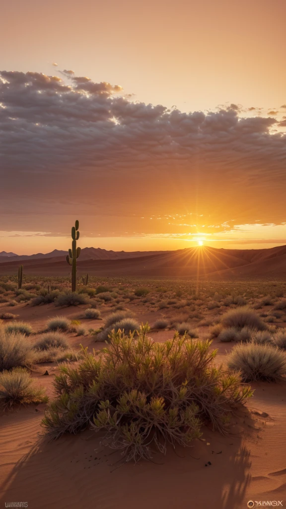 A storax plant growing in the desert. Beautiful sunset landscape with wonderful sun, orange tones in the sky,Ultra-realistic Full HD 8k highly detailed.