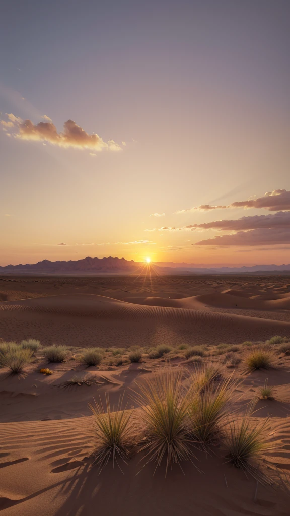 A storax plant growing in the desert. Beautiful sunset landscape with wonderful sun, orange tones in the sky,Ultra-realistic Full HD 8k highly detailed. 