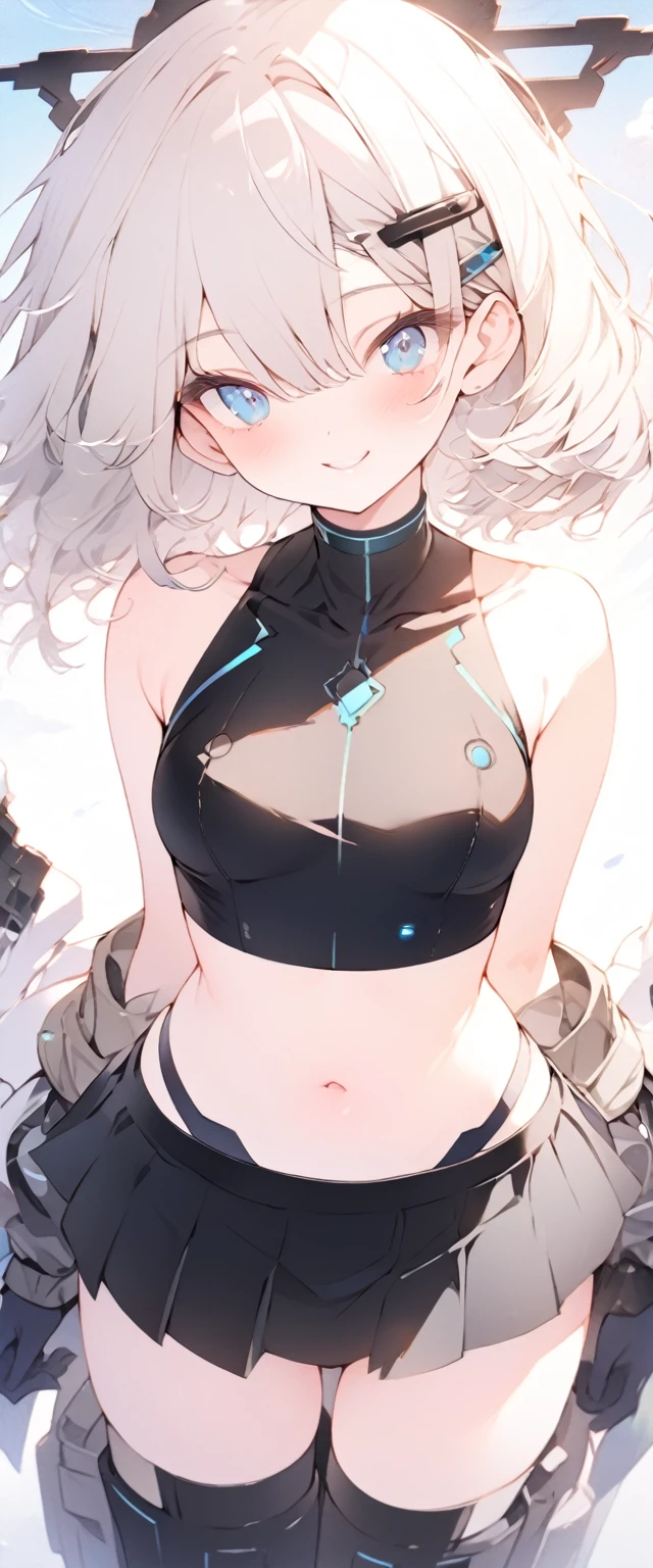 beautiful, masterpiece, Highest quality, anime, One girl, C Cup,Portrait Shot, View your viewers, Covered、Short Hair、nearby、Blue Eyes、art、、White hair,Blue streaked hair、wallpaper、hairpin、Cute smile、Thighs、navel、Sci-fi hair accessories、Blue-black_Gloves、Blue-black_Knee-high boots、、Cute、Blue-black_Short skirt、Sci-fi clothes、blue sky、Blue-black_High leg、Leather material、navel