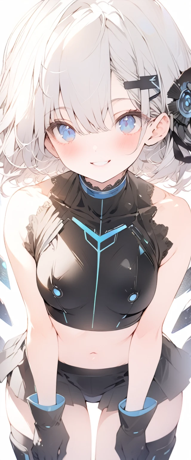 beautiful, masterpiece, Highest quality, anime, One girl, C Cup,Portrait Shot, View your viewers, Covered、Short Hair、nearby、Blue Eyes、art、、White hair,Blue streaked hair、wallpaper、hairpin、Cute smile、Thighs、navel、Sci-fi hair accessories、Blue-black_Gloves、Blue-black_Knee-high boots、、Cute、Blue-black_Short skirt、Sci-fi clothes、blue sky、Blue-black_High leg、Leather material、navel