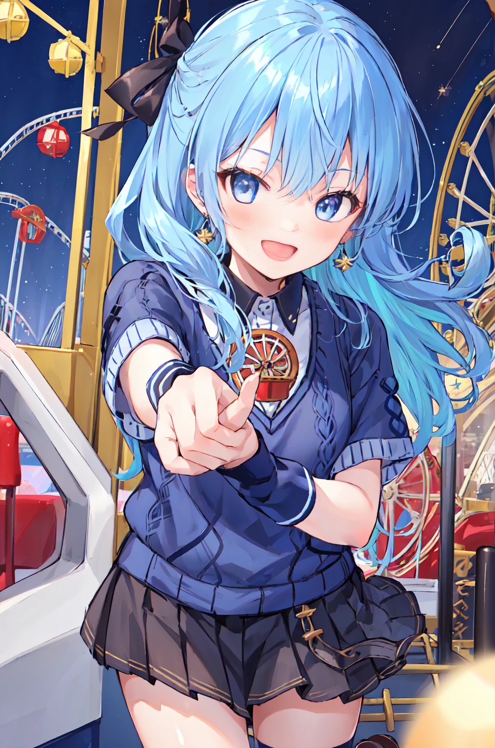 1 Girl, alone, pretty girl, Highest quality, Super detailed, 8K, High resolution, Detailed face, (Movie angle), smile, enjoy, ;D, ((Blue sweater, argyle sweater, Short sleeve))), Grey Skirt, Pleated skirt, Black socks, Brown footwear, (((Inside the amusement park, Ferris wheel, roller coaster))),