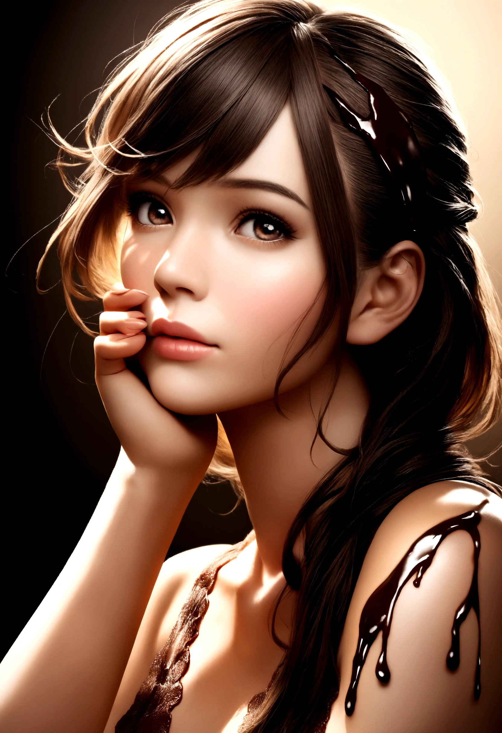 ull body beauty photo model woman with splashes of chocolate in her hair, background dark chocolate, brownish shades photo realistic