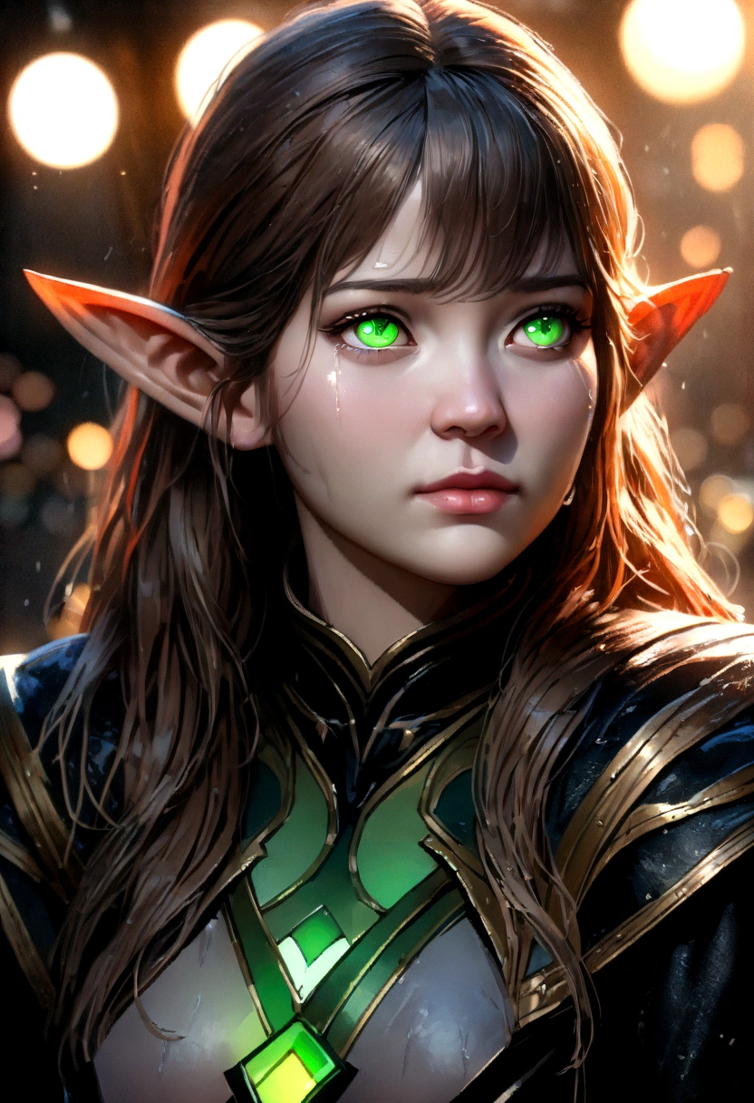 a beautiful young elven woman, pale skin, brown hair, green eyes, wearing black short clothes, small in stature, dark fantasy style, with long pointed ears, a bladedancer, with a sad expression, standing in the rain, sideview, crying, (best quality,4k,8k,highres,masterpiece:1.2),ultra-detailed,(realistic,photorealistic,photo-realistic:1.37),HDR,UHD,studio lighting,ultra-fine painting,sharp focus,physically-based rendering,extreme detail description,professional,vivid colors,bokeh