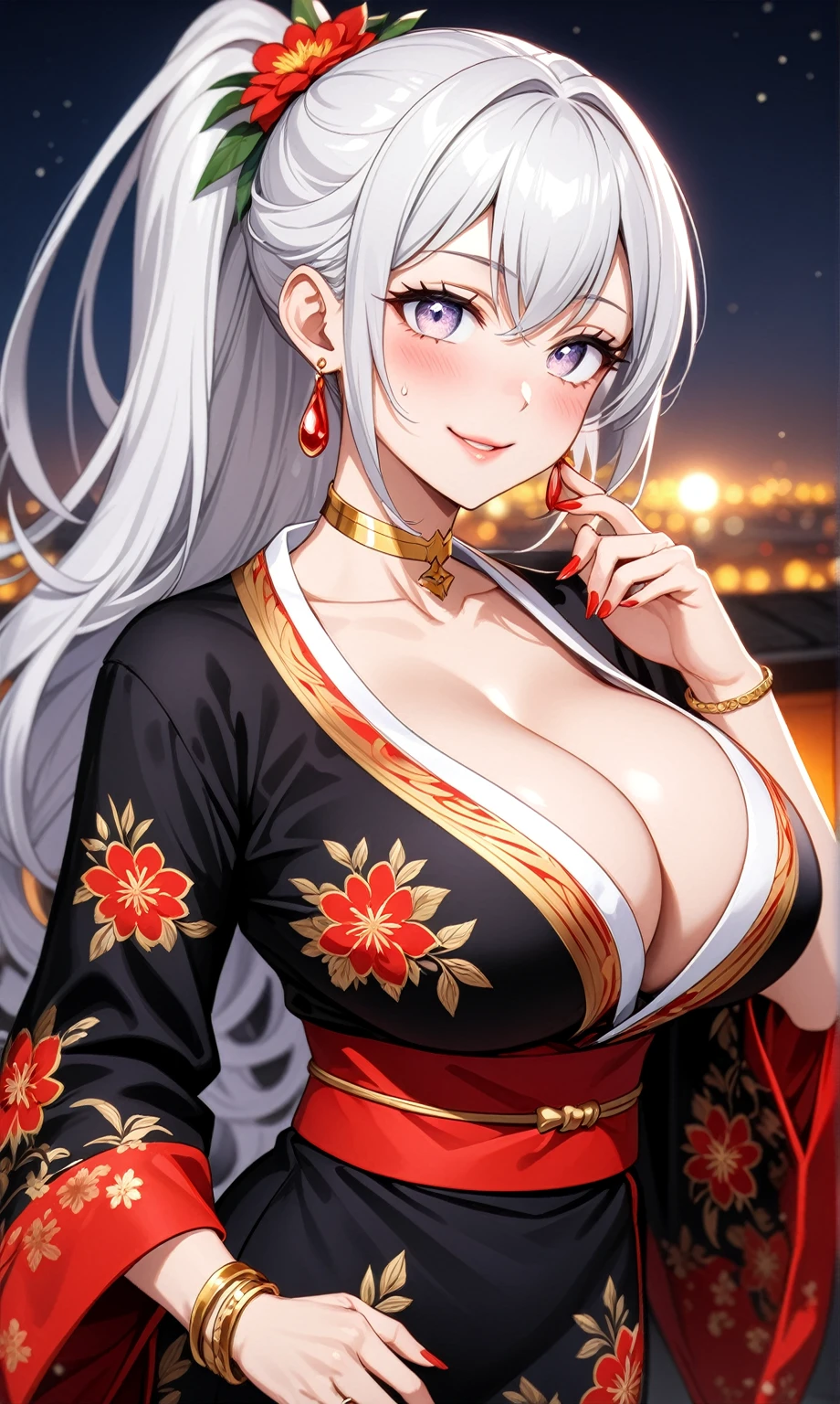 ((One personの女性)), Beautiful Face,Laughing embarrassedly,((Wink:1.9)),Laugh with your mouth wide open, ((Bright red cheeks:1.4)),Glossy red lips,night,rooftop,Festive decorations,You can see the ocean, firework,Lighting on the face,((Anime style background)),masterpiece, Highest quality, so beautiful,Latest, Complex details, (Pink long nails),(ring),(bracelet),(Golden choker),AI-generated, Complex,High resolution, Highest quality, super high quality,3D Images、looking outside、3D Images,One person,Long white hair,High Ponytail,(blue eyes),Anime woman posing for a photo, ((Fine grain、Silvery white colorful eyes、Shining Eyes:1.4)),(Squint your eyes:1.1),a hyperRealistic , hyperRealistic , Realistic,Anime woman with long and white hair, Smooth anime CG art, A woman in a colorful kimono with gold embroidery, (Black long sleeve kimono),Red floral pattern,Long flower hair ornament,Big earrings,Mature Body,(:1.1),Tall,Abdominal muscles,Narrow waist,(Zoom in on face:1.8),Photographed from the front