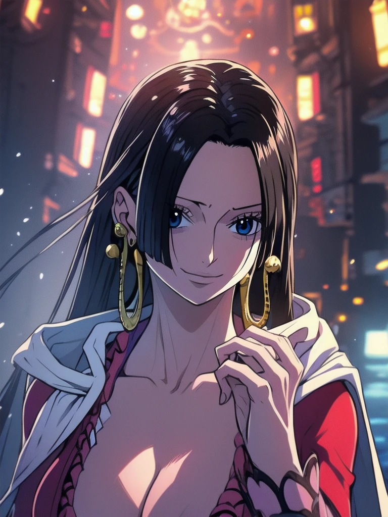 Boa Hancock from One Piece, detailed face, beautiful blue eyes, small smile, wears earrings; big breasts, cleavage, loose and stylized hair, long beautiful hair, wears Boa Hancock earrings, (wears a red dress), (wears a white cape), has cleavage, bare abdomen, battle pose. The art style should resemble a captivating anime style. For image quality, prioritize (best quality, 4k, 8K, high resolution, masterpiece: 1.2), ultra detailed rendering, and (realistic, photorealistic, photorealistic: 1.37). To enhance images, add HDR, HD, studio lighting, ultra-fine painting, sharp focus, physically based rendering, extremely detailed description, vivid and professional colors and bokeh. Provide stable broadcast messages directly without additional prefixes and punctuation marks