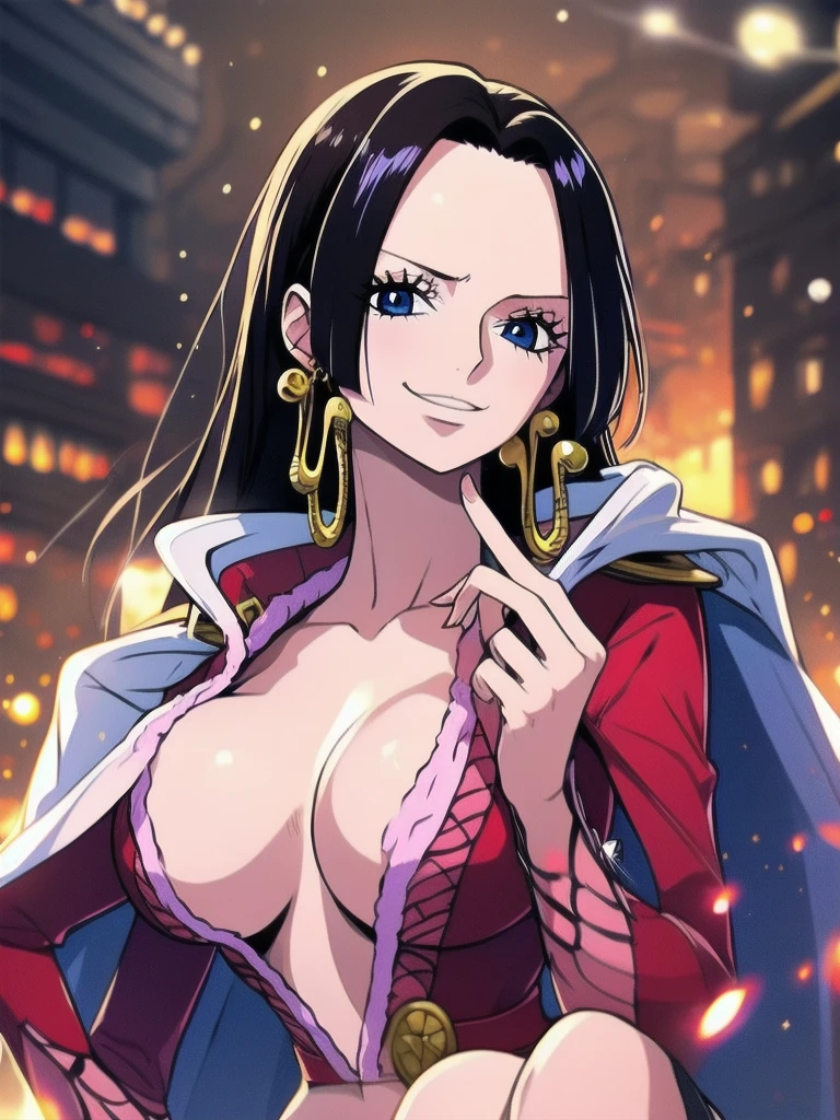 Boa Hancock from One Piece, detailed face, beautiful blue eyes, small smile, wears earrings; big breasts, cleavage, loose and stylized hair, long beautiful hair, wears Boa Hancock earrings, (wears a red dress), (wears a white cape), has cleavage,  abdomen, battle pose. The art style should resemble a captivating anime style. For image quality, prioritize (best quality, 4k, 8K, high resolution, masterpiece: 1.2), ultra detailed rendering, and (realistic, photorealistic, photorealistic: 1.37). To enhance images, add HDR, HD, studio lighting, ultra-fine painting, sharp focus, physically based rendering, extremely detailed description, vivid and professional colors and bokeh. Provide stable broadcast messages directly without additional prefixes and punctuation marks