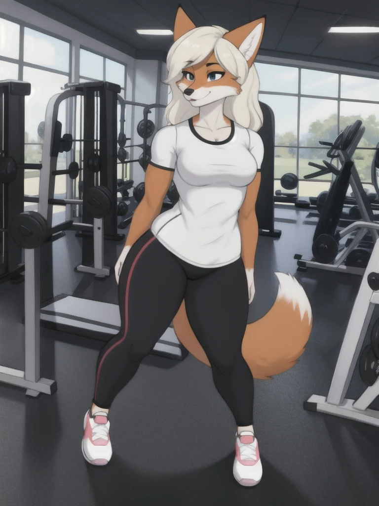 Furry, fox, female, white shirt, black leggings, shoes, gym, teen, full body