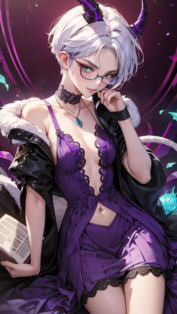 8k, masterpiece, best quality, highly detailed, 1 girl, tiefling, warlock, multicolored hair, very short straight hair green highlight hair on white hair, strippled hair, wearing glasses, round glasses, earrings, long dress with side cut, lace dress, red eyeshadow, long eyelashes,navel piercing, blushed cheek, necklace, collarbone, high heels, mole, glamorous, purple and teal clothing, villainy, smirk, seductive face, close up view, rings, looking at viewer, standing, demon horns, solo, hand touching cheek, school, black lace gloves, holding book, sensei, miniskirt.