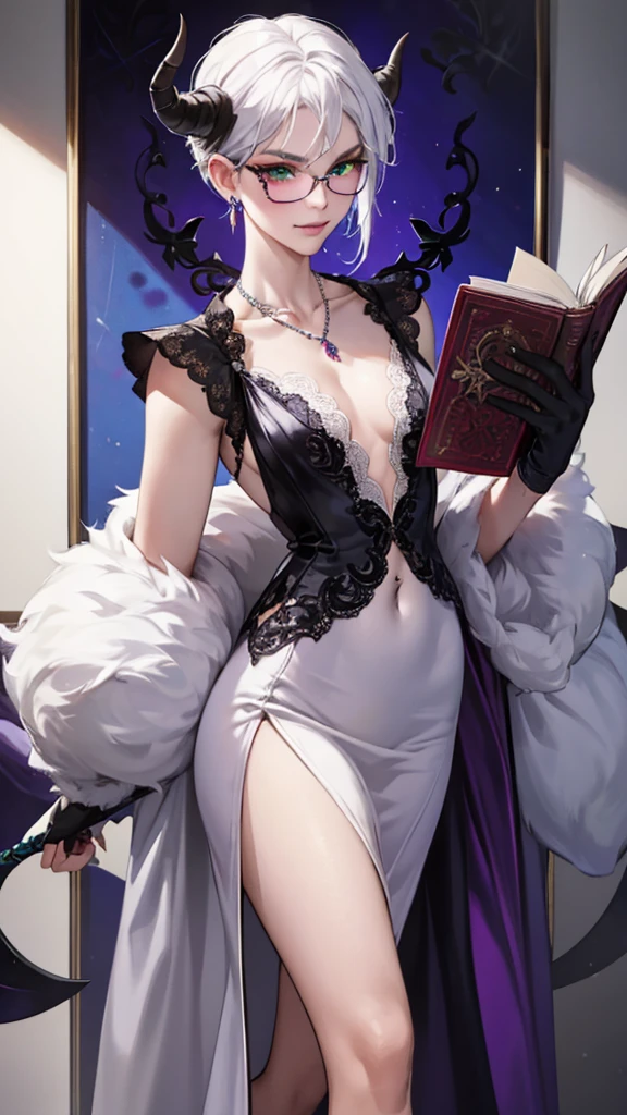 8k, masterpiece, best quality, highly detailed, 1 girl, tiefling, warlock, multicolored hair, very short straight hair green highlight hair on white hair, strippled hair, wearing glasses, round glasses, earrings, long dress with side cut, lace dress, red eyeshadow, long eyelashes,navel piercing, blushed cheek, necklace, collarbone, high heels, mole, glamorous, purple and teal clothing, villainy, smirk, seductive face, close up view, rings, looking at viewer, standing, demon horns, solo, hand touching cheek, school, black lace gloves, holding book, sensei, miniskirt.