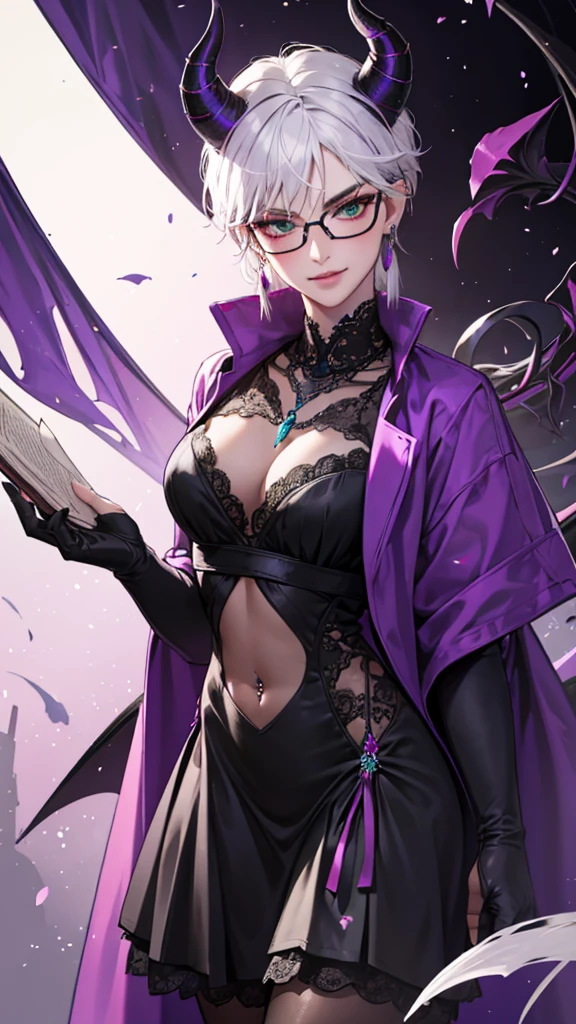 8k, masterpiece, best quality, highly detailed, 1 girl, tiefling, warlock, multicolored hair, very short straight hair green highlight hair on white hair, strippled hair, wearing glasses, round glasses, earrings, long dress with side cut, lace dress, red eyeshadow, long eyelashes,navel piercing, blushed cheek, necklace, collarbone, high heels, mole, glamorous, purple and teal clothing, villainy, smirk, seductive face, close up view, rings, looking at viewer, standing, demon horns, solo, hand touching cheek, school, black lace gloves, holding book, sensei, miniskirt.