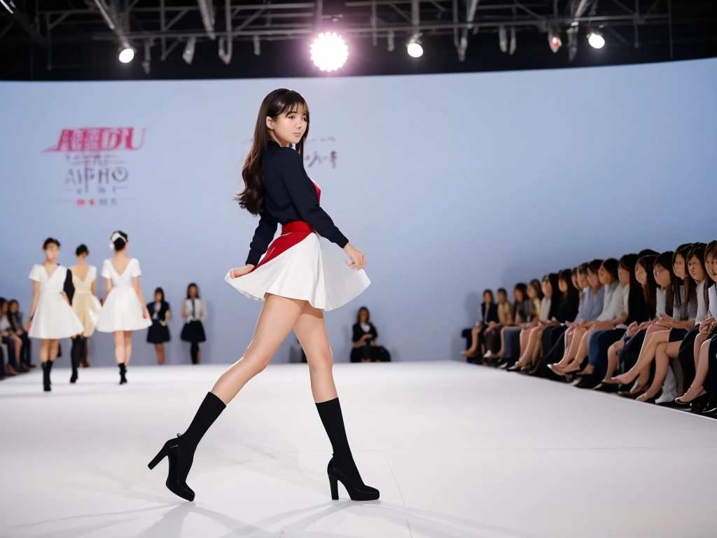An extremely beautiful Japanese high school girl race queen who highlights her beautiful legs、She was photographed walking down the runway at a fashion show wearing Andre Sarda's new underwear.、She is an eternal idol who combines a clean look with modern charm.。 She creates such beauty。 She feels her own warmth。 She creates a warm atmosphere。 We create beauty。 That's what I want to say。 In her full body photo、The figure features porcelain-like skin and golden hair that radiates a soft glow.。 This is probably、It captured the essence of her timeless charm.、This is the best shot ever.。 Each straight line and curve is carefully expressed.、Breathtakingly beautiful with impeccable detail。 This piece perfectly captures her timeless beauty.。 Divine Proportions、Sharp focus、Full-body photo taken by Kishin Shinoyama、high quality、High resolution、Detailed Background