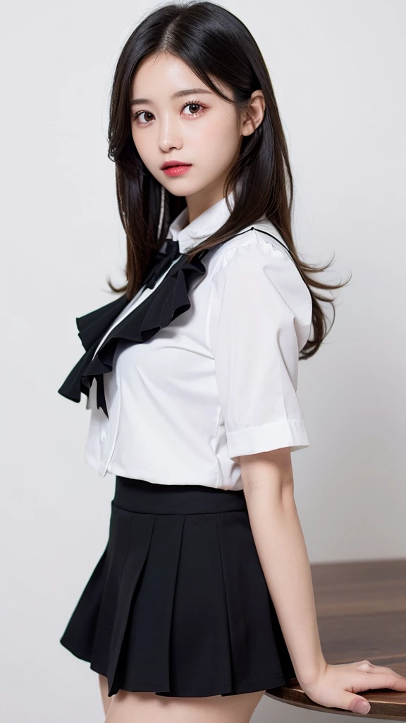 (((forehead、Northern Europe、White people、beautiful girl、Black Hair、White background、Idol、uniform、mini skirt)))、table top, highest quality, figure, super detailed, finely, High resolution, 8k wallpaper, Perfect dynamic composition, detailed and beautiful eyes, Deco out,bionde, medium hair, super big breasts, Natural color lip,white background, random cute poses,frill dress