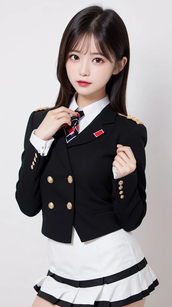 (((forehead、Northern Europe、White people、beautiful girl、Black Hair、White background、Idol、uniform、mini skirt)))、table top, highest quality, figure, super detailed, finely, High resolution, 8k wallpaper, Perfect dynamic composition, detailed and beautiful eyes, Deco out,bionde, medium hair, super big breasts, Natural color lip,white background, random cute poses,frill dress