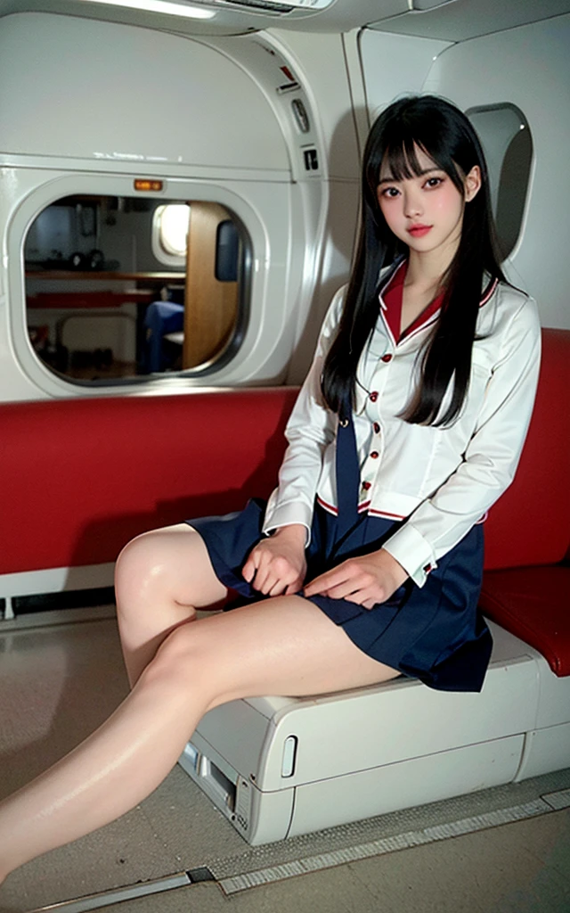 wearing short skirt、Alafid asian woman wearing bow tie sitting on train, cute schoolgirl, japanese schoolgirl uniform, wearing japanese school uniform, japanese school uniform, a hyperrealistic schoolgirl, Dress up as a schoolgirl, hyperrealistic schoolgirl, Wearing school uniform, realistic schoolgirl, Girls wear, Wearing school uniform, consisting of a female student, whole body, Good skin, glowing skin, beautiful thighs,glowing thighs, Glowing legs, (())