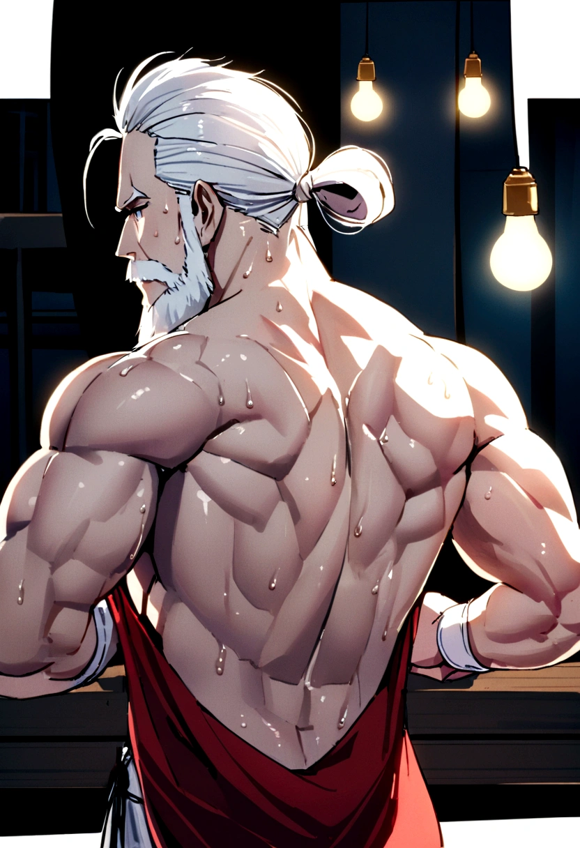 Highest quality、detailed、8K、1 Immortals、tailor、Sewing a red Chinese dress、Ultra-precision work、The hermit uses a workbench、Late Night、1  light bulb、Sweat、Muscular hermit、Long white beard、Long white hair tied back