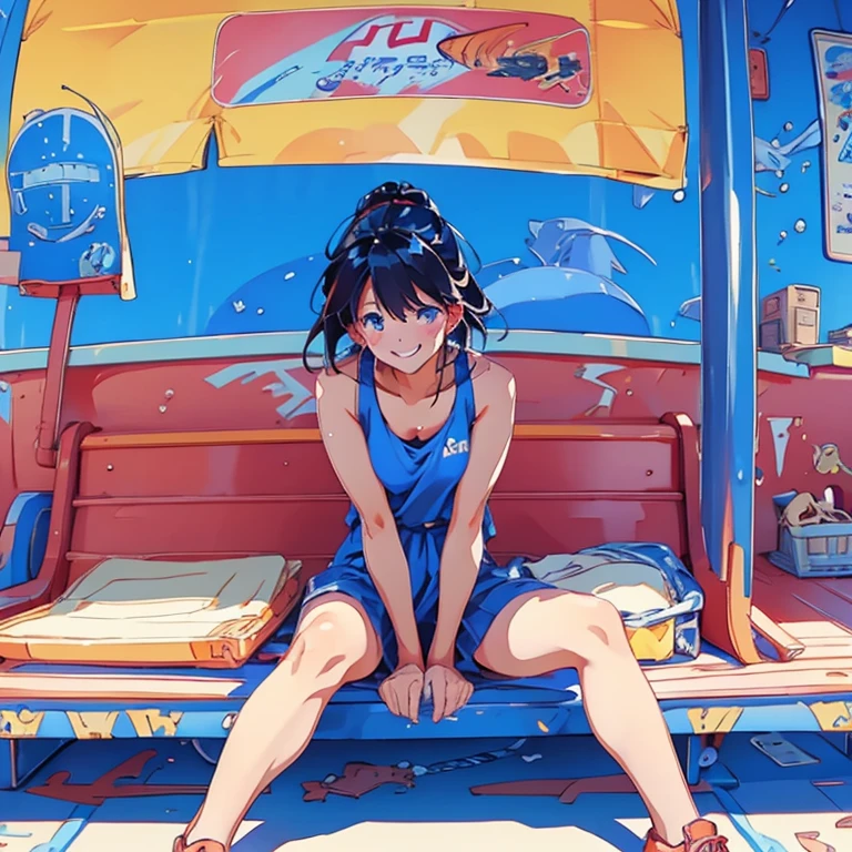 Under the blazing sun、Hot midsummer day。girl sweating。smile。