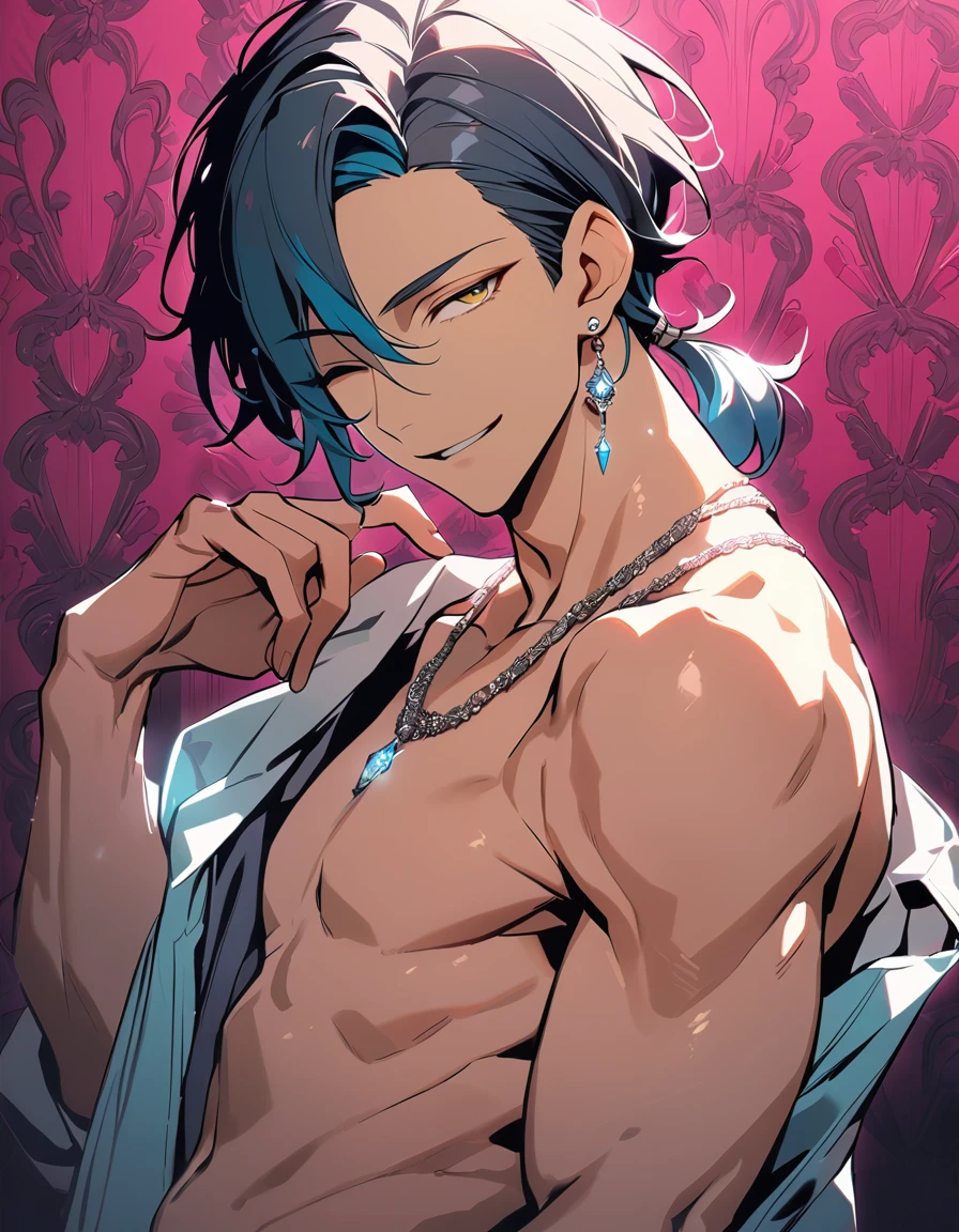 ((((best masterpiece, best quality, wallpaper,)))) solo, guy, male body, small muscles, flat chest, 1male, 30 years old, handsome man, dramatic angle, upper body, looking at viewers, beautiful detailed, finger to mouth, mediumturquoise hair, ((((Lower short ponytail)))), asymmetrical bangs, ((short hair,)) seductive smile, ((( one eye closed, gold eyes,))) (((^o^, tareme, droopy eyes,))) perfect face, sharp nose, seductive smile, clear face, open shirt, ((silver earrings, silver necklace,)) leggings, lighting back, backlighting, pink background color ultrasharp, 8K, masterpiece,