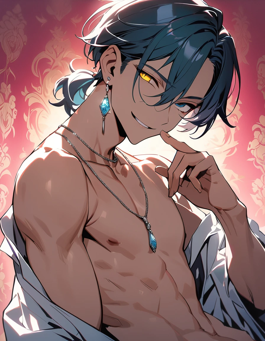 ((((best masterpiece, best quality, wallpaper,)))) solo, guy, male body, small muscles, flat , 1male, 30 years old, handsome man, dramatic angle, upper body, looking at viewers, beautiful detailed, finger to mouth, mediumturquoise hair, ((((Lower short ponytail)))), asymmetrical bangs, ((short hair,))  smile, ((( one eye closed, gold eyes,))) (((^o^, tareme, droopy eyes,))) perfect face, sharp nose,  smile, clear face, , ((silver earrings, silver necklace,)) leggings, lighting back, backlighting, pink background color ultrasharp, 8K, masterpiece,