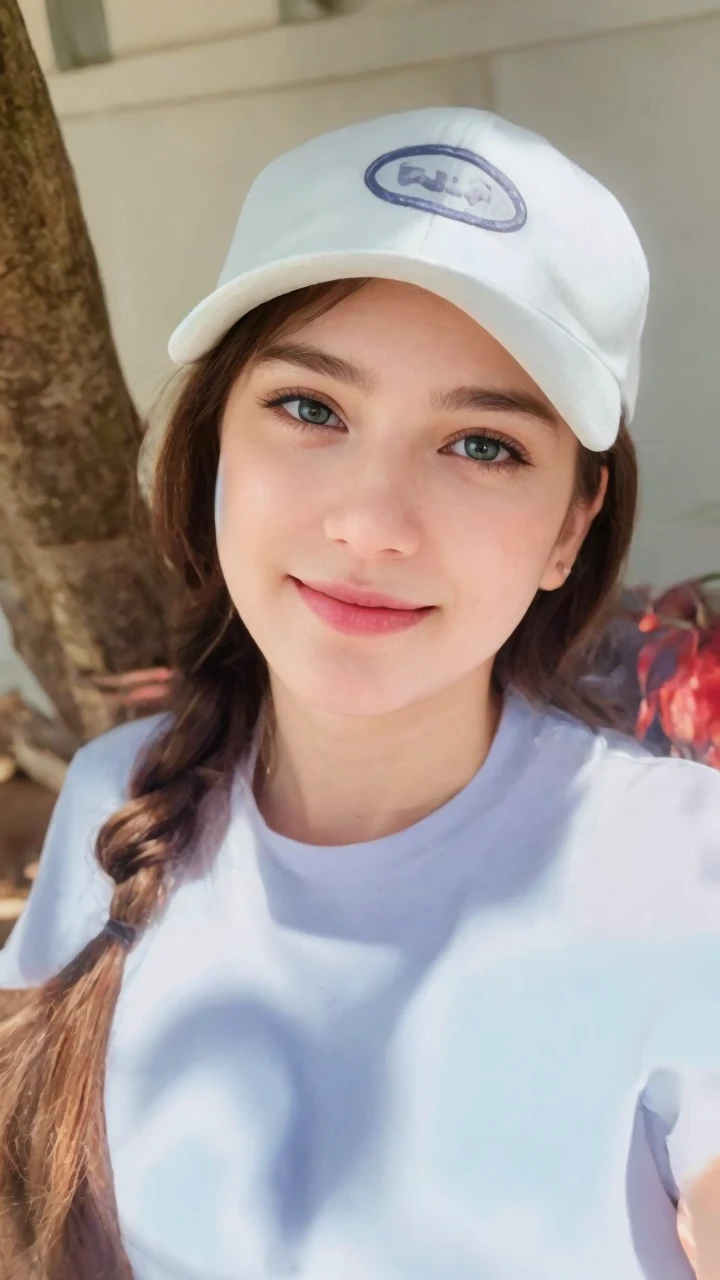 ((best quality)), ((masterpiece)), (detailed),(purple eyes), ((field of flowers)), perfect face, happy young woman, beautiful young woman, young woman tucking her hair behind her ear, laughing, happy, smile, wholesome, daisy behind ear, hair tucked behind her ear, long plaited hair, long perfect hair, slight blush, ((green eyes)), ethereal eyes, big eyes, blonde hair, detailed eyes, perfect iris, perfect eyes, symmetrical eyes, symmetrical face, happy on a field of flowers