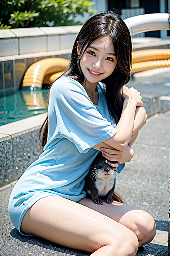 Super sexy and super cute Japan girl、Super big、Cute smile、A girl hugging a cute little otter