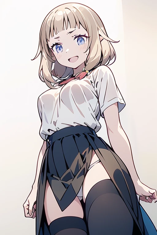 1 girl , brown color hair、Purplish black eyes that dreamers desire, (Blonde hair) , small stature, Colossal tits, Lori, (masutepiece:1.2, Best Quality), (finely detailed beautiful eye: 1.2), (beautifull detailed face), (Best Illumination, extremely delicate and beautiful), ((Cinematic Light)), Dramatic light, (Pale white background:1.5), Short bob hair（1:3）、Ultra Contrast、Braid a little around the ears, White long dress、only has 5 fingers、Her  is visible through the white 、Wet pants、You can see inside your 、full of sweat、mocking look、、nffsw,Arms crossed、grab the arm、Shoot from below,Best Quality、Large breastuscular 、Pubic hair,high-level image quality、hightquality、8K,perfect hand、5 fingers、finger pin、Perfect Finger、T back、、noise cut、bullet hand、Her hair color should have been a brighter purple.The skirt part is also carefully expressed..、Purple skirt、the skirt is floating in the wind、Dark purple 、Pubic hair majority,(with sparkling eyes and a contagious smile),open mouth,from below:1.2, highest quality, high resolution,Real World, Natural light,perfect Natural light, Looking at Viewer,