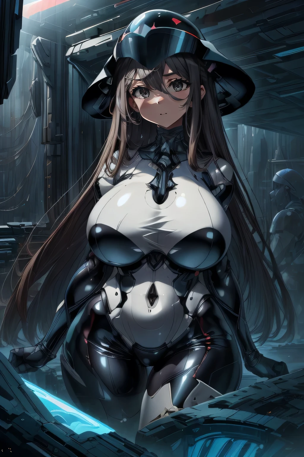 masterpiece,best quality,1girl,mag,helmet,parted lips,,wide ,thick thighs,,expressionless,light frown,(dark circles),laboratory,science fiction,