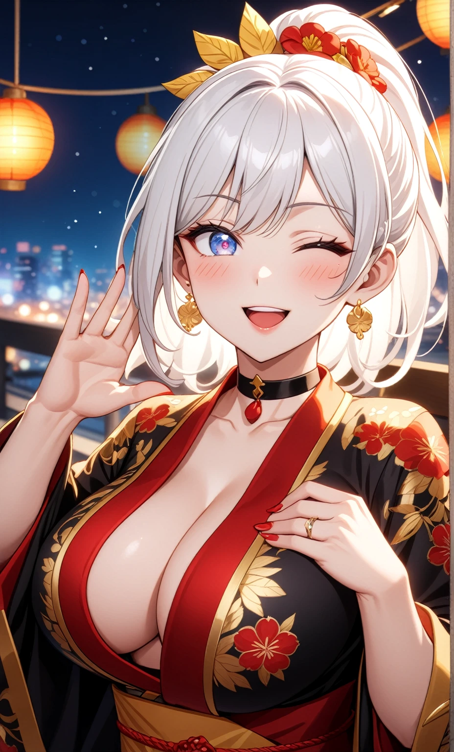 ((One personの女性)), Beautiful Face,Laughing embarrassedly,((Wink:1.9)),Laugh with your mouth wide open,Waving to the audience, ((Bright red cheeks:1.4)),Glossy red lips,night,rooftop,Festive decorations,You can see the ocean, firework,Lighting on the face,((Anime style background)),masterpiece, Highest quality, so beautiful,Latest, Complex details, (Pink long nails),(ring),(bracelet),(choker),AI-generated, Complex,High resolution, Highest quality, super high quality,3D Images、looking outside、3D Images,One person,Long white hair,High Ponytail,(blue eyes),Anime woman posing for a photo, ((Fine grain、Silvery white colorful eyes、Shining Eyes:1.4)),(Squint your eyes:1.1),a hyperRealistic , hyperRealistic , Realistic,Anime woman with long and white hair, Smooth anime CG art, A woman in a colorful kimono with gold embroidery, (Black long sleeve kimono),Red floral pattern,Long flower hair ornament,Big earrings,Mature Body,(Big Breasts:1.1),Tall,Abdominal muscles,Narrow waist,(Zoom in on face:1.8),Photographed from the front