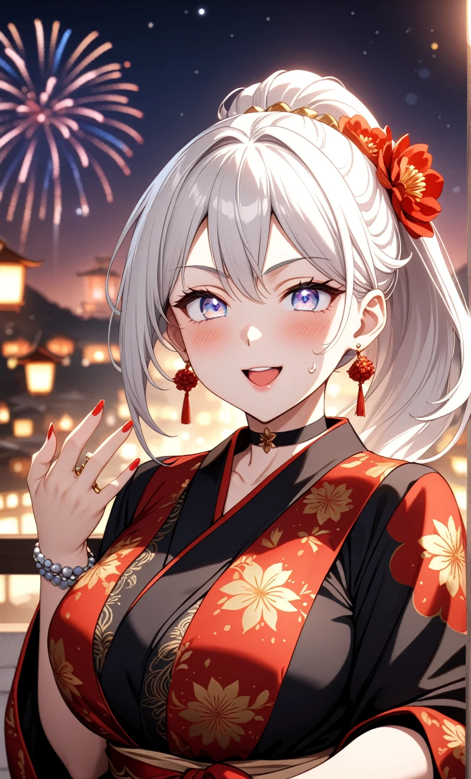 ((One personの女性)), Beautiful Face,Laughing embarrassedly,((Wink:1.9)),Laugh with your mouth wide open,Waving to the audience, ((Bright red cheeks:1.4)),Glossy red lips,night,rooftop,Festive decorations,You can see the ocean, firework,Lighting on the face,((Anime style background)),masterpiece, Highest quality, so beautiful,Latest, Complex details, (Pink long nails),(ring),(bracelet),(choker),AI-generated, Complex,High resolution, Highest quality, super high quality,3D Images、looking outside、3D Images,One person,Long white hair,High Ponytail,(blue eyes),Anime woman posing for a photo, ((Fine grain、Silvery white colorful eyes、Shining Eyes:1.4)),(Squint your eyes:1.1),a hyperRealistic , hyperRealistic , Realistic,Anime woman with long and white hair, Smooth anime CG art, A woman in a colorful kimono with gold embroidery, (Black long sleeve kimono),Red floral pattern,Long flower hair ornament,Big earrings,Mature Body,(Big Breasts:1.1),Tall,Abdominal muscles,Narrow waist,(Zoom in on face:1.8),Photographed from the front