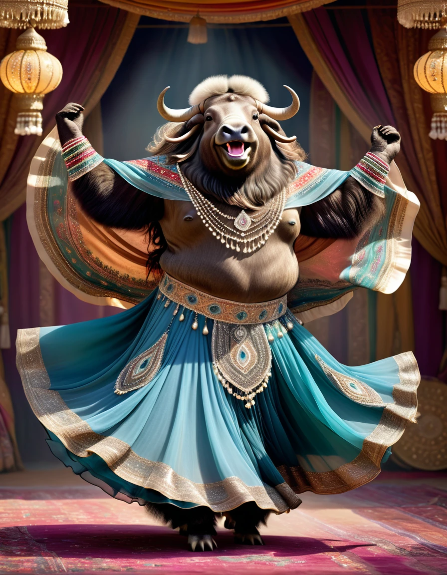 photorealistic portrait of Dressed animals - a ((fat)) ((musk ox)) dancer,(shark skin), (dynamic dancing:2.0), (swinging arms :2.0),(happy smile:1.5),high quality,(happy),(lovely) ,intricate details, (sheer veil), highly detailed (( gypsy belly dancing clothes)) ,highly detailed decorations of clothes, Wearing gypsy belly dancing clothes, , (happy), soft lighting,(full body image:1.5),Arabian palace background,(viewed from side:2.0),