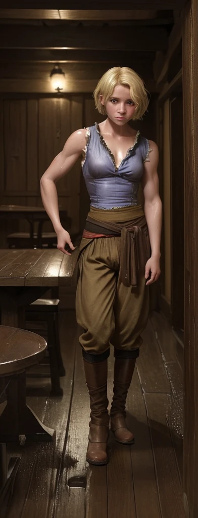 A girl with short blonde hair enters the dining room of a tavern, soaked by the rain.. He wears medieval-style travel clothes, with a sleeveless shirt and brown pants. The clothes are tight to his body because of the water.
His arms look fibrous.