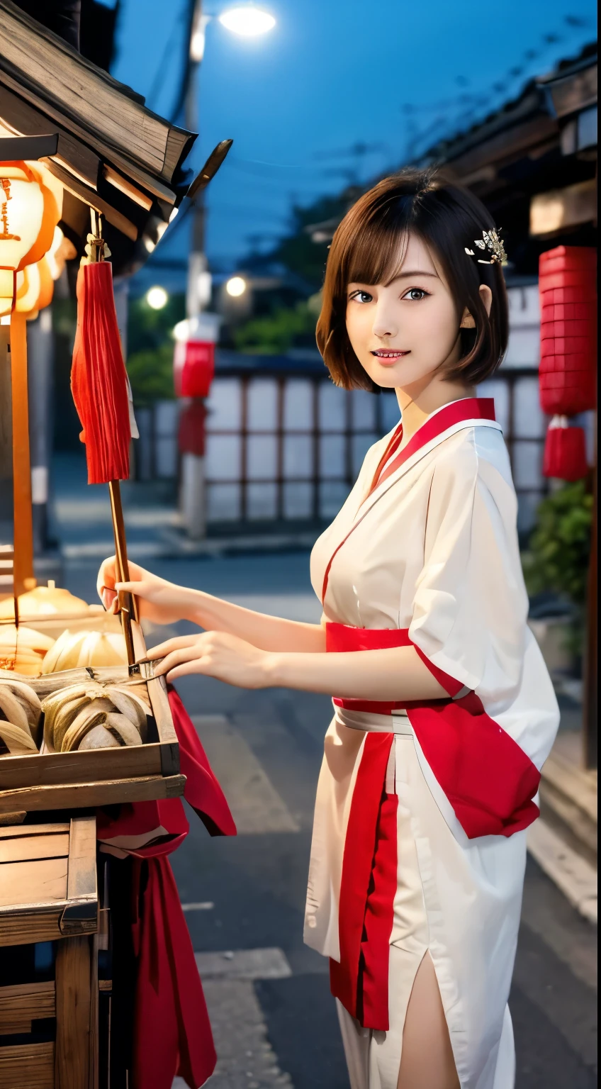 (masterpiece:1.3), (8K, Realistic, RAW Photos, Best image quality: 1.4), Japanese, (1 Girl), Beautiful Face, (sorry), Through clenched teeth、Beautiful Hairstyles, Realistic eyes, Beautiful Eyes, (Realistic Skin),(short hair:1.3) ,Beautiful Skin, charm, Ultra-high resolution, Surreal, (Big Breasts)、Attention to detail, Detail Makeup,View your viewers、(short hair)、((Shrine at night))、Shaved pubic hair、((Full body portrait))、((Opening a store、street vendors))、Shrine Maiden Costume、((miko dressing))