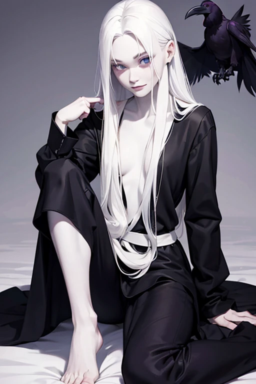 ((Playing with a raven:1.4)),Night time, elegant bedroom. (black pajamas, silk:1.3).Cute 18 yo (albino:1.4)woman of Slavic descent.(short:1.1), , long white hair, gray eyes, ((very pale:1.4)). Innocent look. Gentle spirit.(virgin), bare feet,((smile)).Masterpiece, best quality(highly detailed:1.2),(detailed face and eyes:1.2), depth of field, 8k wallpaper, studio lighting, core shadows, high contrast, bokeh.