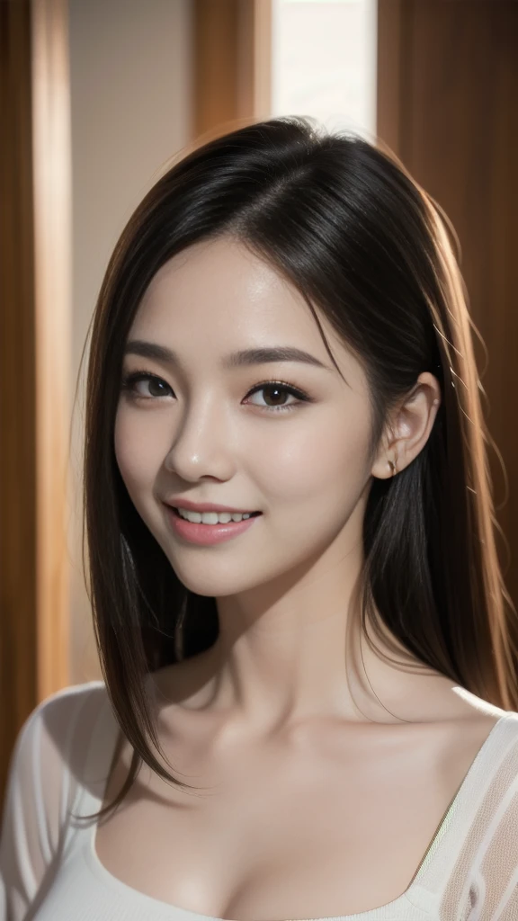 masterpiece, Highest quality, Photorealistic, Super detailed, In detail, High resolution, 8k wallpaper, Professional, High level of detail, One Girl, Skinny Japanese woman, ((Look forward)), Collarbone Detail, Perfect Face, Straight hair, (Look straight at the camera)、smile