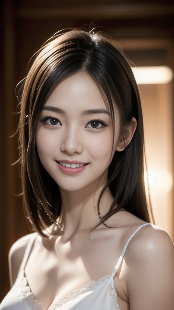 masterpiece, Best Quality, Photo-realistic, RAW data, Ultra-detailed, High resolution, ((professional bright front lighting on her face:1.8)), only 1 the most beautiful girl, (from head to thigh, hands behind the head, all nudity, :1.5), (fine-featured the cutest shy smiling face:1.5), (huge massive and well balanced round breasts:1.2), Russian French Japanese and Korean mixed face, 23 years old, no-makeup, dark brown airy bob hair, Beautiful detailed eyes, front body, fitness body, trained abs, 10 heads tall, accurate human well-proportioned body, Basement concrete wall background,