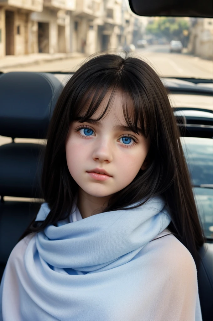  girl, look angelic and beautiful, doll face, pale white skin, rosy cheeks and lips, big striking blue eyes, eyes look like cat eyes, messy long black hair, mugshots, straight angle, wearing old shawl, in car, Aleppo street