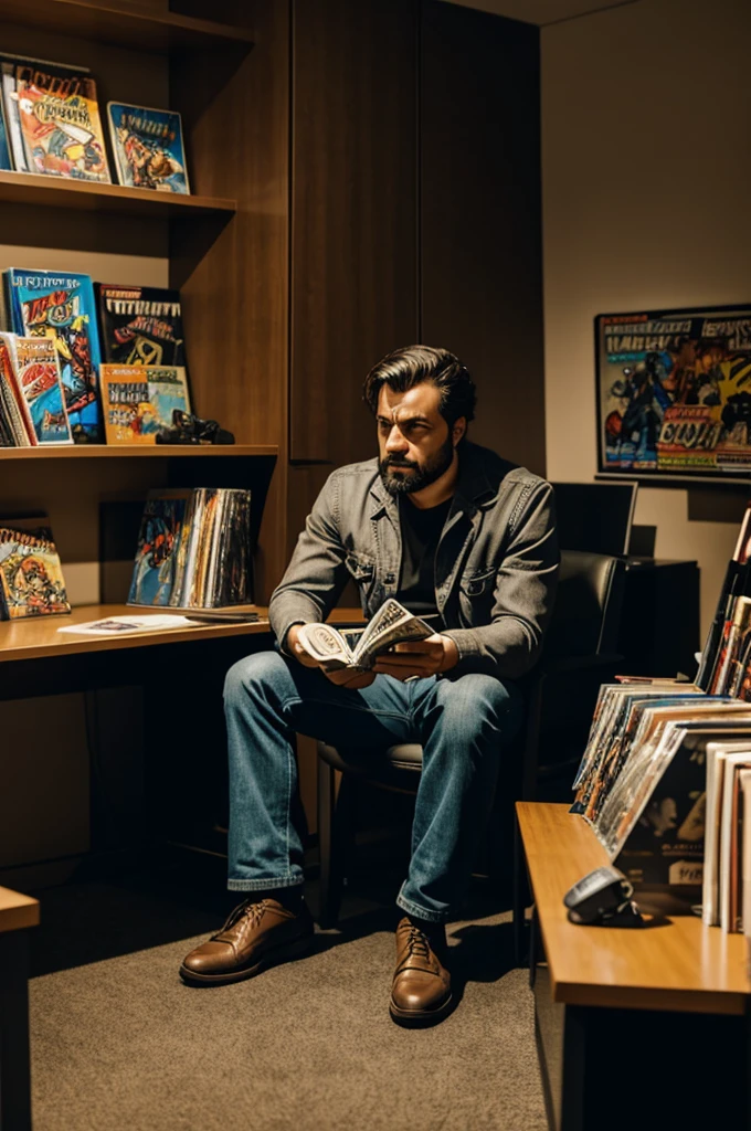 Worried man sitting at a comic book desk 