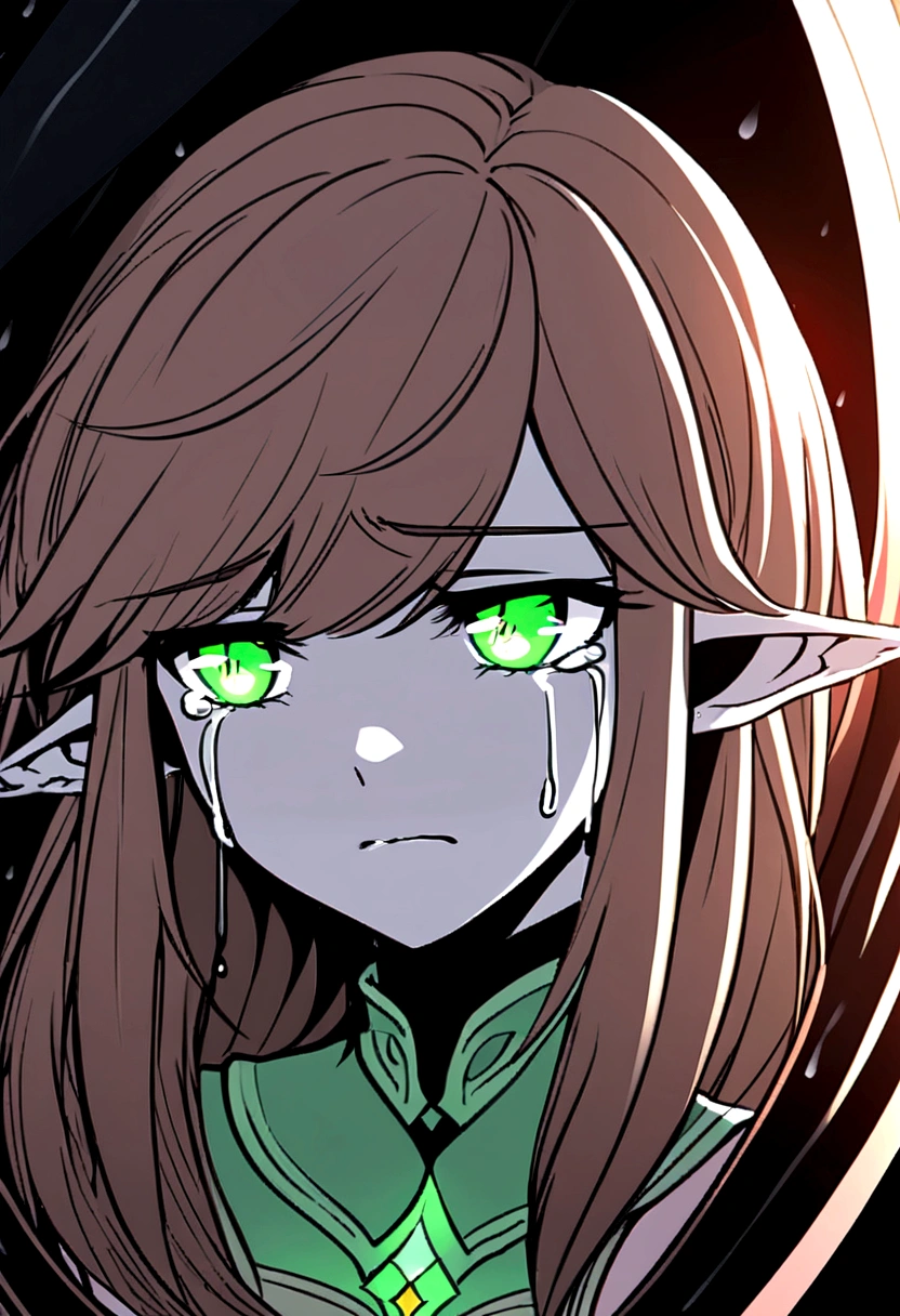 Young elven woman, pale skin, brown hair, green eyes, black short clothes, small, dark fantasy, long ears, bladedancer, sad, rain, sideview, crying