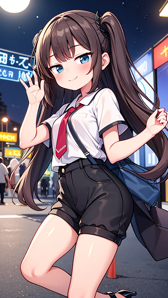 {best quality], [Super beautiful], [Ultrafine], [Best Illustration Award], Not suitable for working hours,Brown hair, Ji Qie, Long hair, With bangs, girl,OL,White shirt,Short sleeve,Black casual pants,Smile, blush, Slim women, Adult women,Strike a pose,(people),Night Park,Summer Day Festival,diagonal, Barefoot and high heels, Solid black high heels