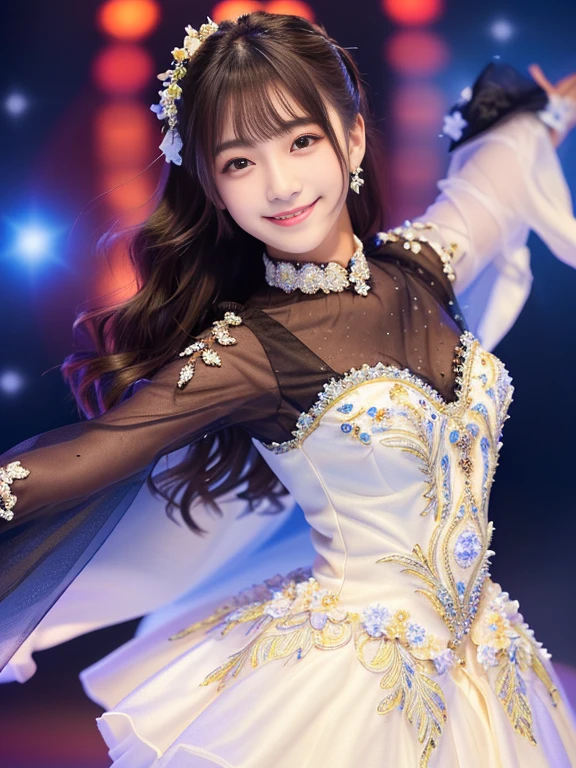 Photo-realistic quality、A 20-year-old idol wearing a white dress decorated with flowers, Sparkling accents on the figures、Beautiful Japanese Model、Detailed and beautiful eyes、Cute smile、A soft and gentle look、looking at the camera