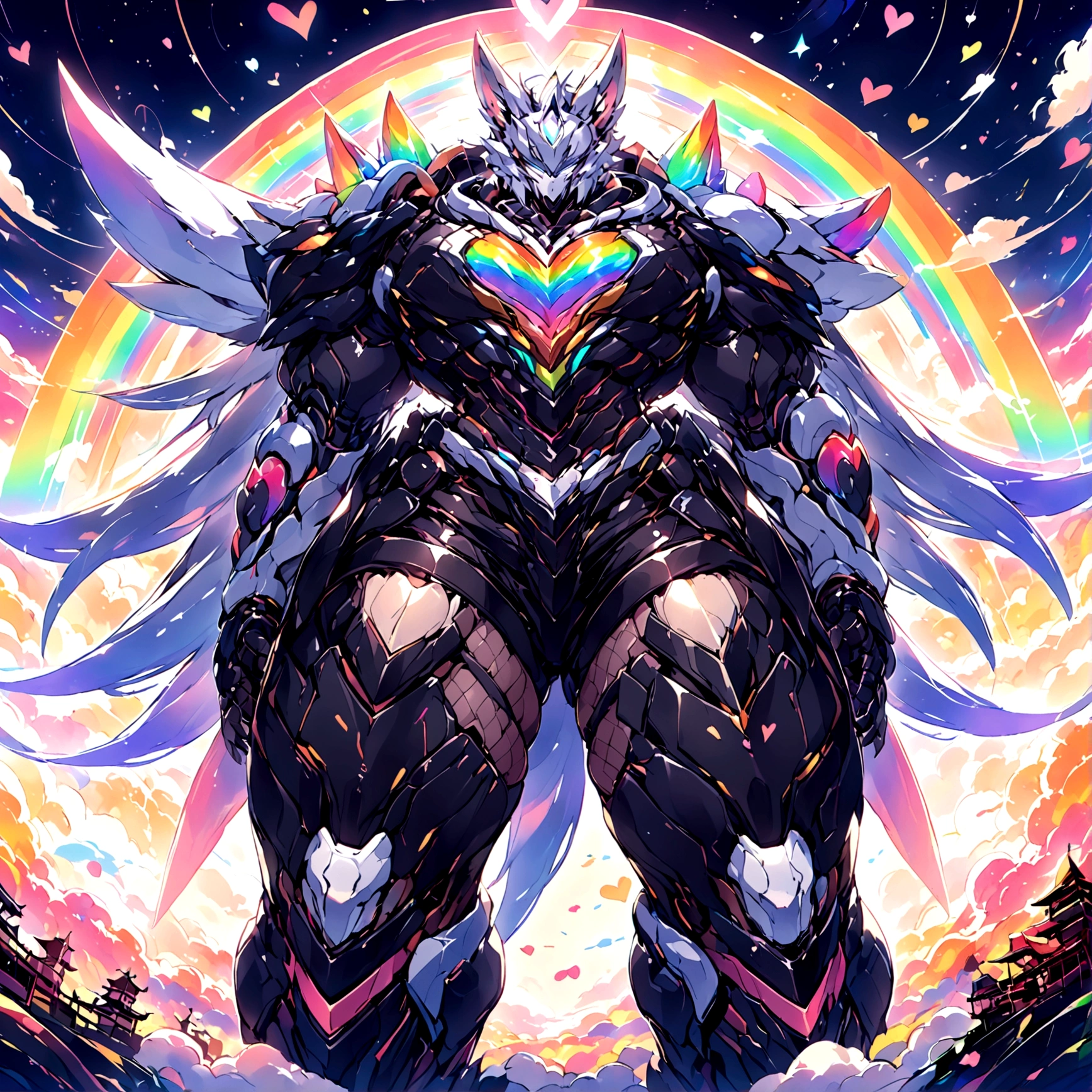 a cute adult male with wolf ears, long white hair, long locks, has a wolf tail, wearing a loose cropped black hoodie, wearing a pair of denim short shorts and fishnet stockings, thick thighs, wide hips, relaxing on mound of fluffy multi colored kawaii plushies, short, very slim, showing slender tummy, heart on hoodie, squishy thighs, has glowing blue eyes. alone, solo (ALONE)(SOLO), surrounded by rainbows, colorful galaxy backround