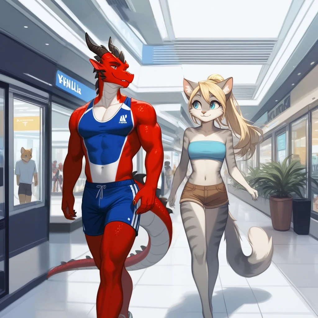 Score_9, score_8_up, an anthro dragon male, tall, athletic body, black dragon male, (black scaley body):1.3, red eyes, he is wearing a blue sports jersey and shorts with white sneakers, walking in a strip mall, looking to his left at other character, 
