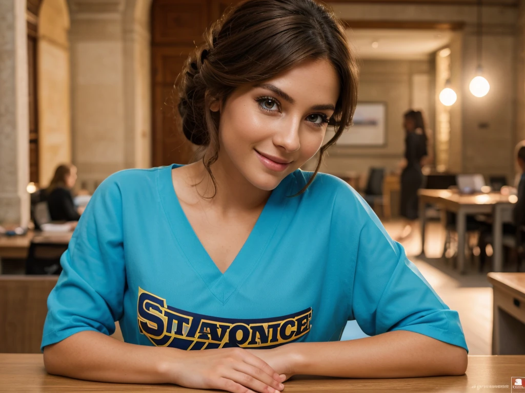woman 24 years old, bruenette, realistic appearence, only one person, anatomically correct, sporty, size 165cm, light brown skin, realistic skin, italian, summer, middle blue eyes, beauty eyelashes, natural makeup, smile, charmant, stting on the desk, business outfit, looking at the screen, thinking, concentrated super detail, high details, high quality, highres, accurate, retina, brilliant colors, Cinematic Light,