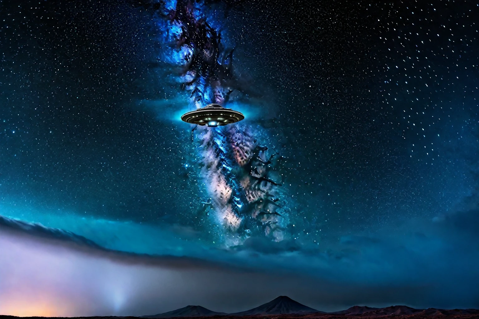 Alien spaceship，UFO，Dark sky background,Galaxy，Galaxy，Galaxy，Starry Sky。.raw,International Masterpieces，Award-winning works，National Geographic，HD 8k，