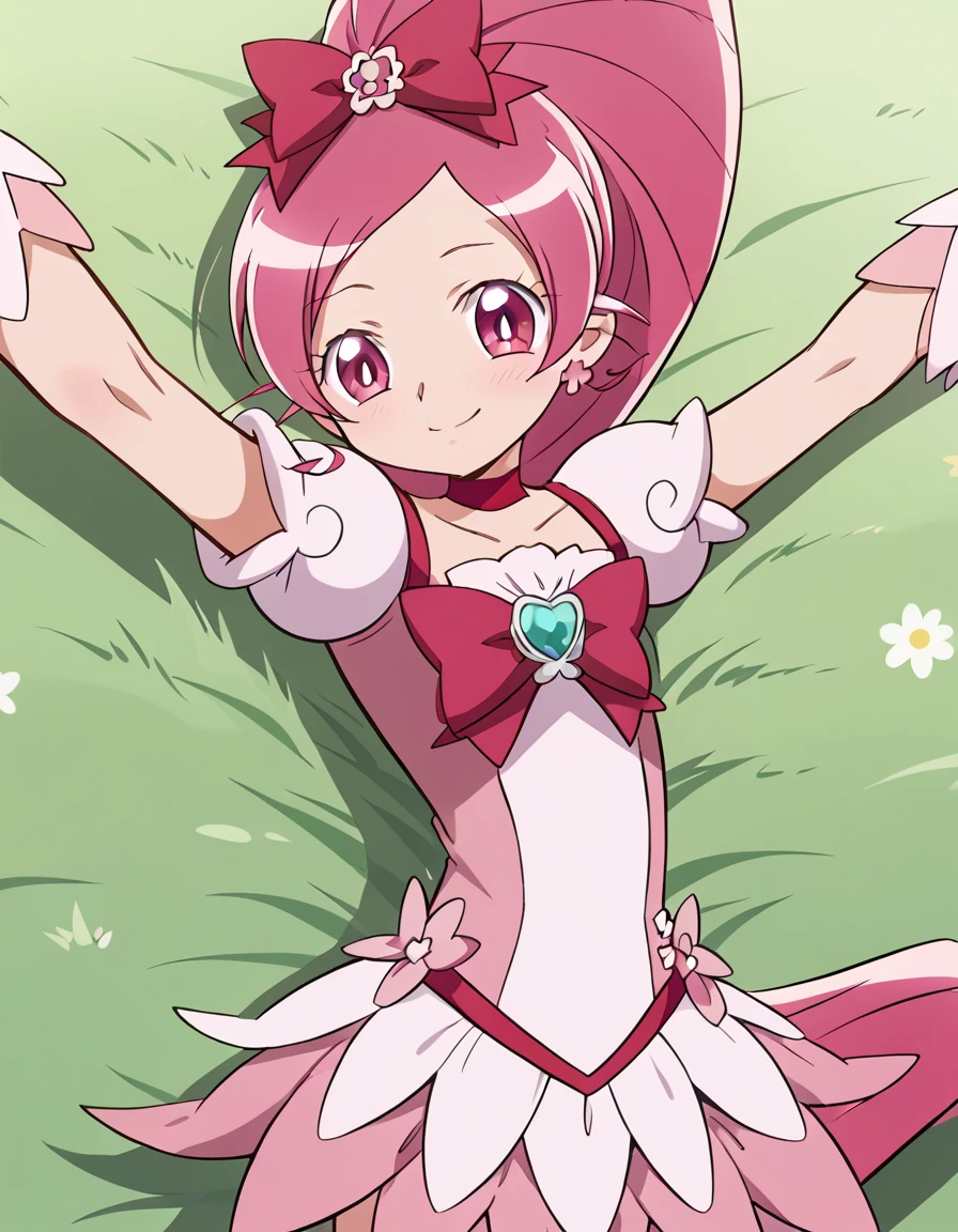 cureblossom, shiny skin, high quality, solo, lying, on back, arms up, spread arms, closed mouth, on grass, cowboy shot, looking at viewer, nervous, smile, best quality, center,