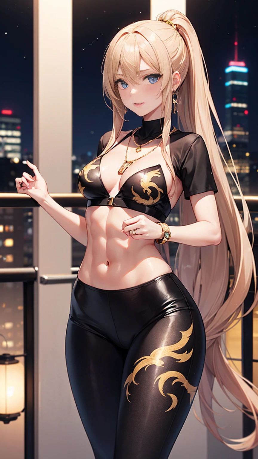 Beautiful woman with long straight ponytail blond hair with blue eyes wearing a Black Tight Leggings With Golden Dragon Prints, a Red Sexy Criss Cross Mock Neck Short Sleeves Dress With Phoenix Prints, luxurious jewelry and a luxurious necklace, 18k gold wedding ring on left hand, standing in a balcony at night of full moon, (caucasian skin), (light brown lipstick), (elegant mascara), (slim body with abs), (small breasts), (wide hips), midjourney, <lora:GoodHands-, <lora:GoodLegs-, UHD, high resolution, (masterpiece:1.1, best quality), (expressive eyes, perfect face, full body, expressive face, perfect body, perfect pussy, athletic, fit, slim body, blushing, Perfect makeup, eyeliner, beautiful eyelashes, smiling, horny face), ((best illumination, best shadows)), ((sexy pose))