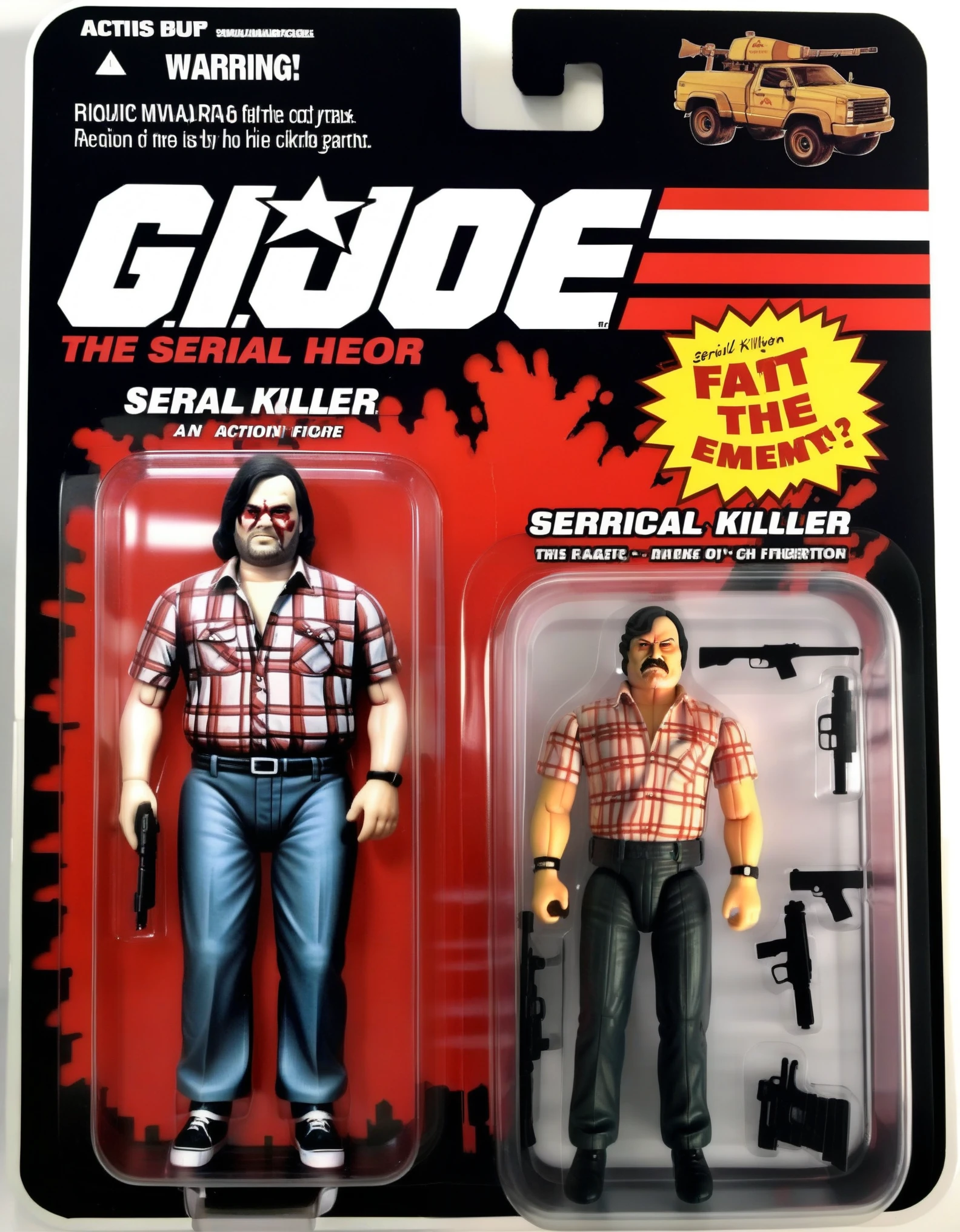 An action figure of serial killer in a plastic box, resembling a photograph. The fat figure is in a Excitement in standing with a gun, wearing shirts and pants, The packaging displays a fat citizn serial killaer's dynamic in-life moments and his signature interpretation,