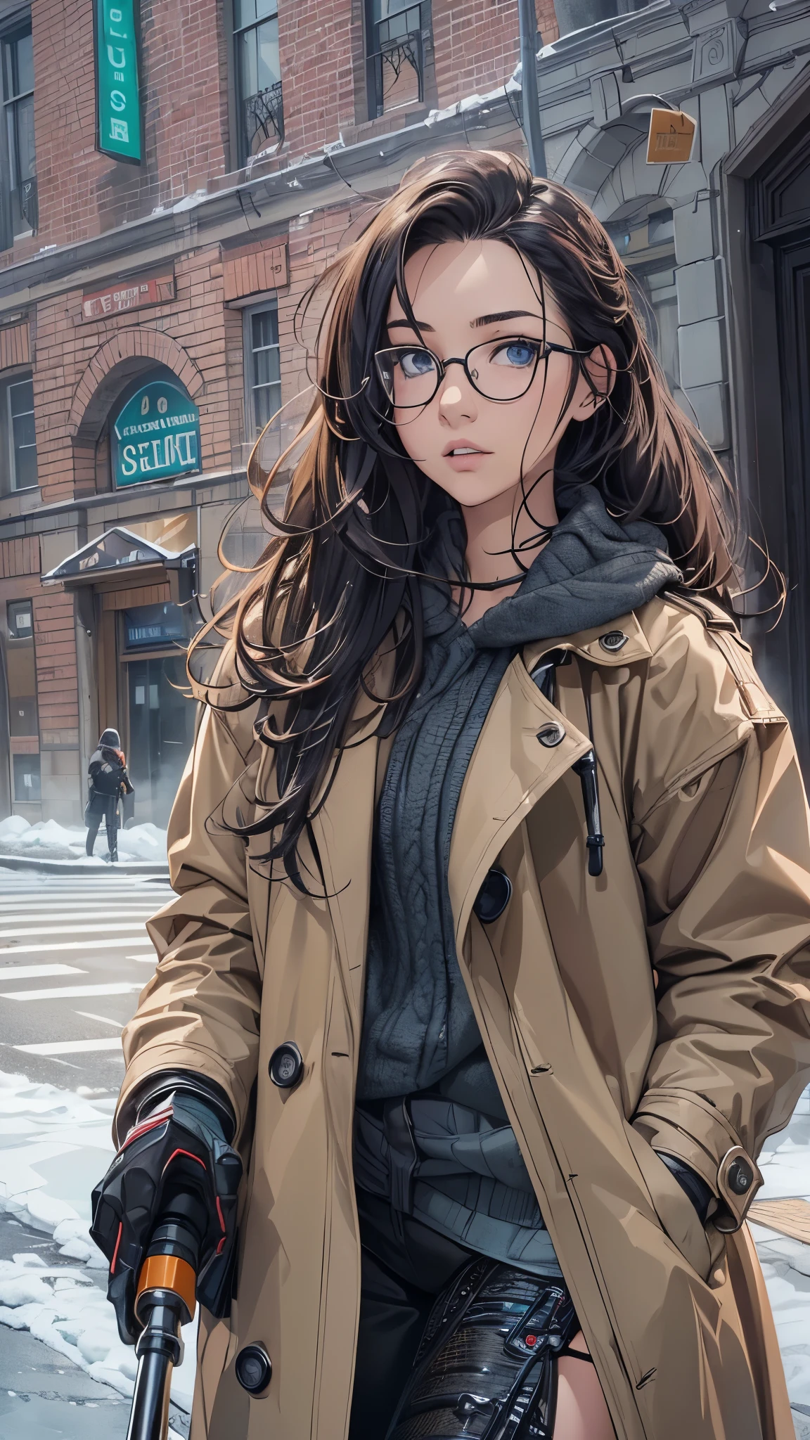 (Very detailed, Realistic), Cityscape, [moderately:Oil], [Professional:1.1], [Physically Based Rendering], [Bright colors], [Sharp focus], [Studio Lighting], [Extreme Detail], [Highest quality,4K,8K,High resolution,masterpiece:1.2],(Detailed face),Outside the street,((One 18-year-old woman)),(Glasses),(Black unkempt hair),(dark),(it hurts),(Scary),[Nervous eyes],(winter clothes ladies fashion,trench coat,tights),((レースアッProfessionalングブーツ)),(gloves,Knee pads),((She walks with crutches,Crutch length from armpit,Crutches are at her side)),((Her feet are turned inwards)).